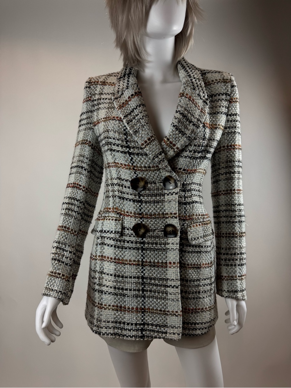Zara Cream and Brown Plaid Bouclé Double-Breasted Blazer